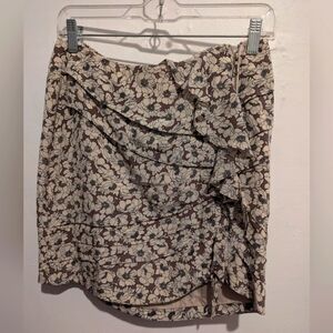 Leifsdottir Anthropologie SILK Flounce Zip Ruffle Mini Skirt 4 Cream Floral